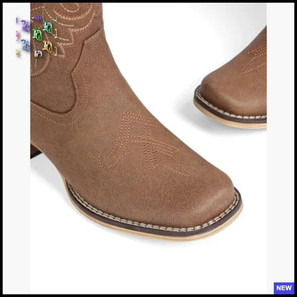 Square Toe Mid Calf Cowgirl Boots Retro Embroidery Low Chunky Heel Pull On - Picture 5 of 7